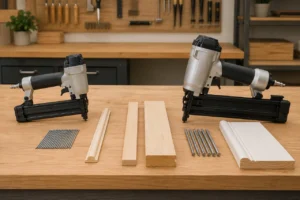 18-gauge brad nailer and 16-gauge finish nailer beside different trim and nail sizes on a workshop bench