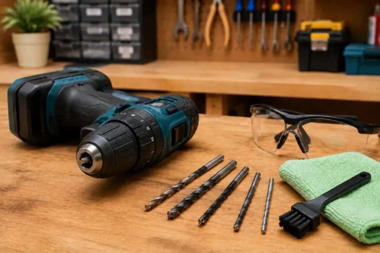 Cordless drill with open chuck and drill bits on a clean workshop bench