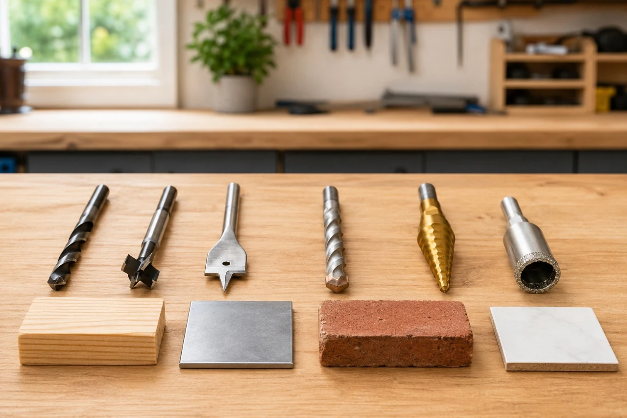 Common drill bit types for wood, metal, masonry, tile, and other DIY materials