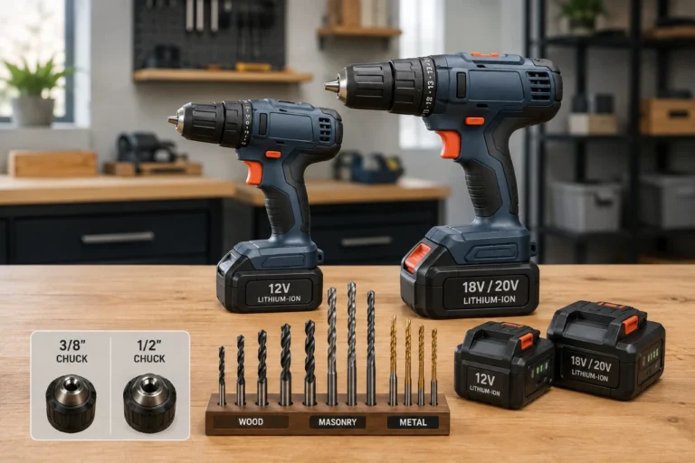 Compact and full-size cordless drills with batteries and drill bits on a home workshop bench