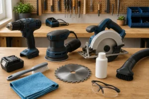 Cordless drill, circular saw, sander, brush, cloth, and vacuum arranged for safe power tool cleaning in a home workshop.