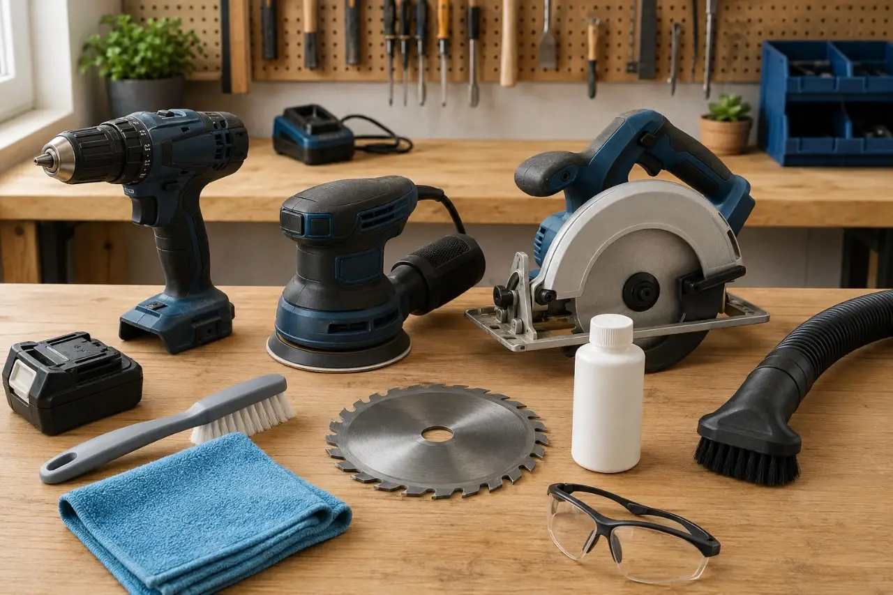 Cordless drill, circular saw, sander, brush, cloth, and vacuum arranged for safe power tool cleaning in a home workshop.