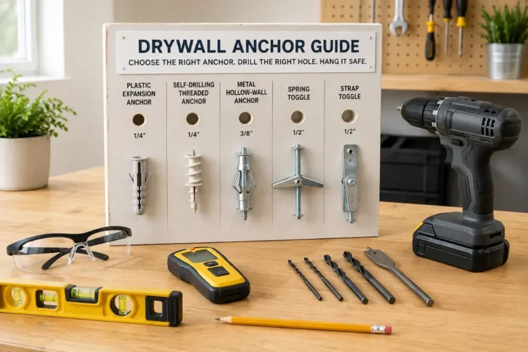 Drywall anchors, drill bits, a stud finder, and safety glasses arranged beside a drywall mounting sample.