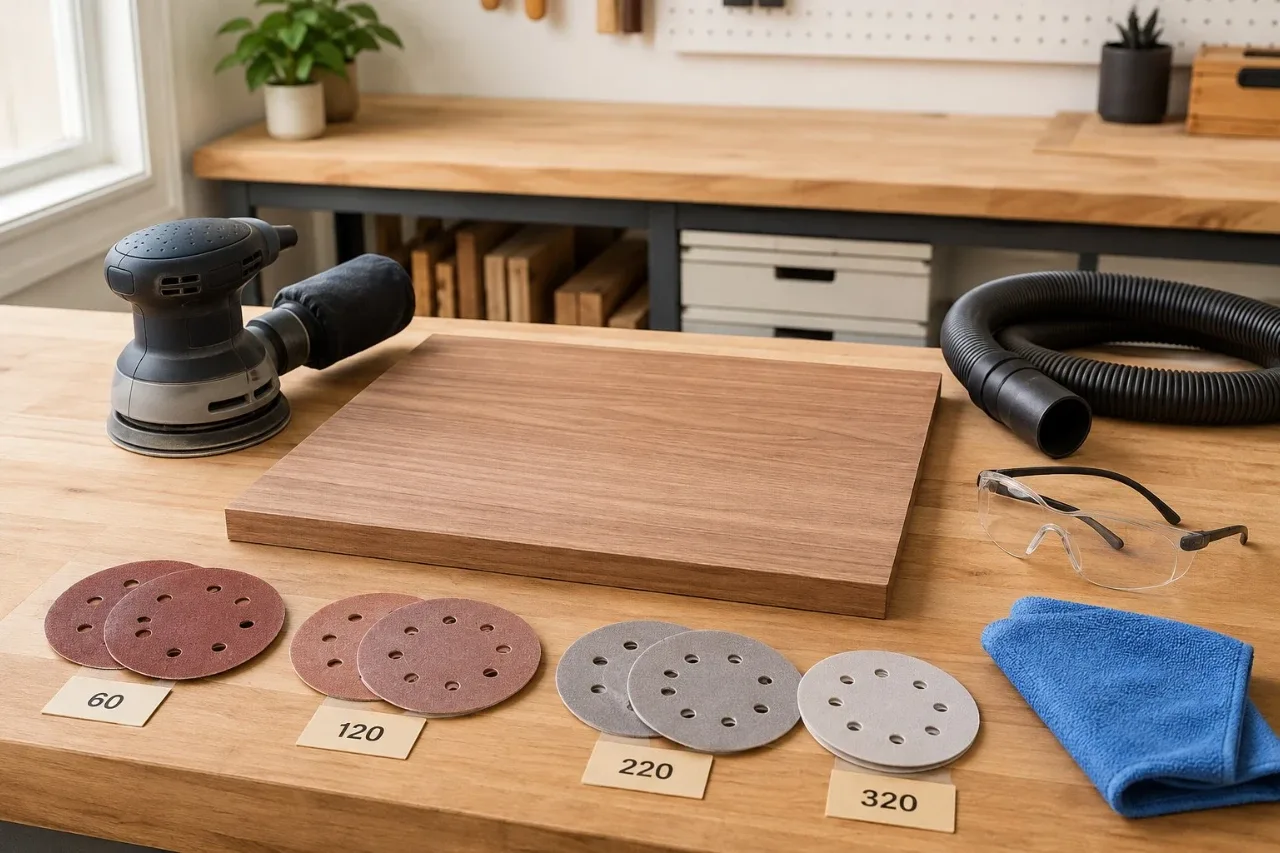 Random orbital sander and sanding discs on a clean workshop bench for preventing swirl marks on wood