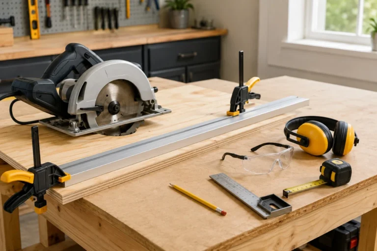 Circular saw, straightedge guide, clamps, safety glasses, and supported plywood arranged for a safe straight cut in a home workshop.