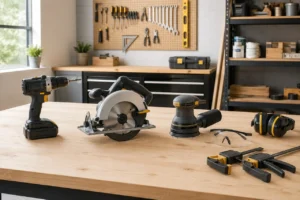 Safety glasses, hearing protection, clamps, drill, saw, and sander arranged on a clean home workshop bench.