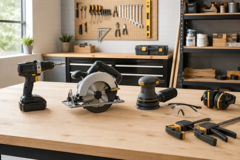 Safety glasses, hearing protection, clamps, drill, saw, and sander arranged on a clean home workshop bench.