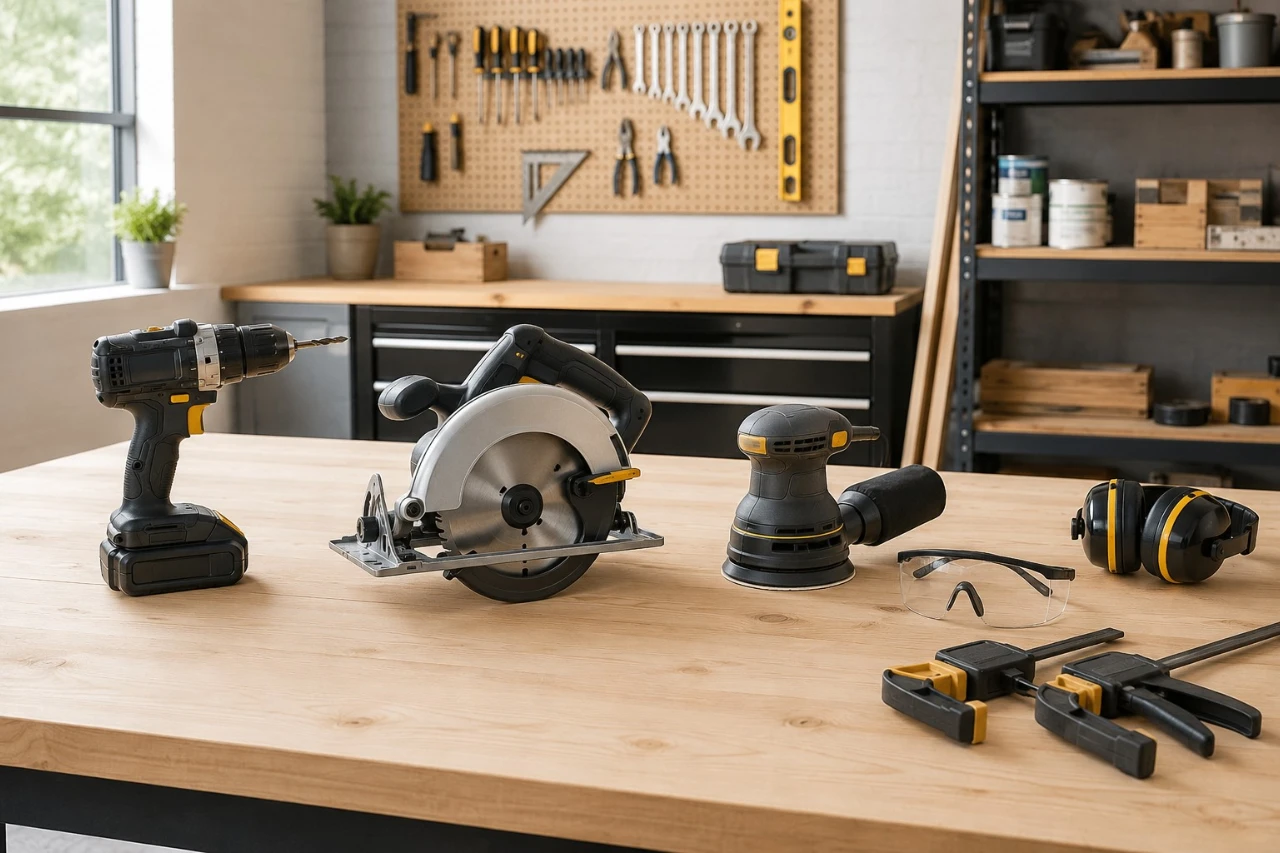 Safety glasses, hearing protection, clamps, drill, saw, and sander arranged on a clean home workshop bench.