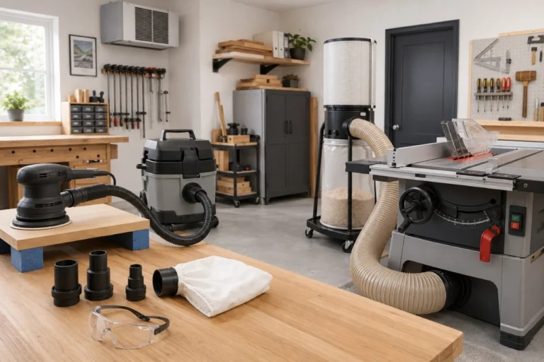 Small workshop dust collection setup with a shop vacuum, dust collector, hoses, and stationary tools on a clean workbench.