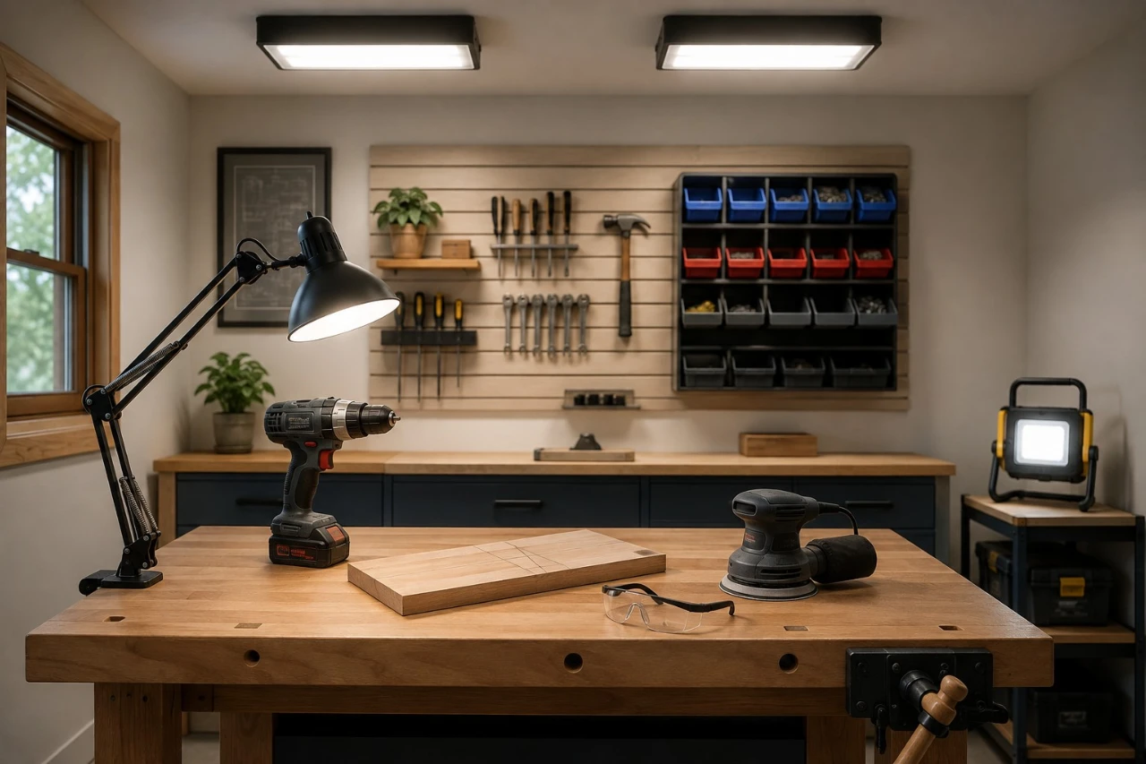 Small workshop with overhead LED lighting, an adjustable task light, workbench, cordless drill, and organized tool storage