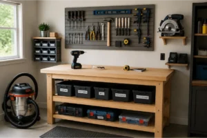 Small workshop setup with organized tools, workbench, storage, and dust control equipment