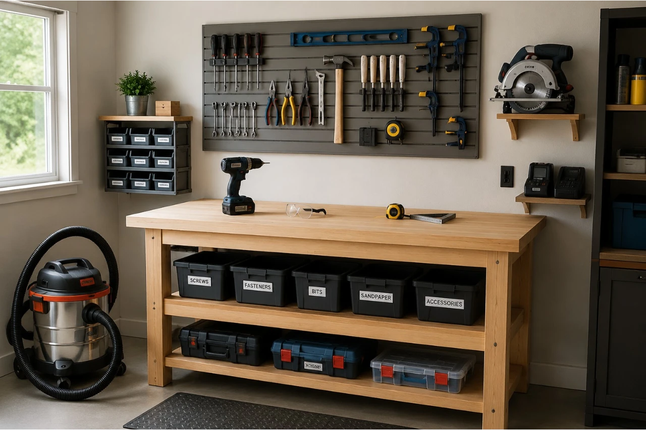 Small workshop setup with organized tools, workbench, storage, and dust control equipment
