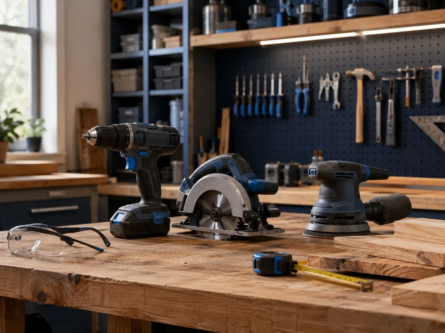 Organized home workshop with power tools