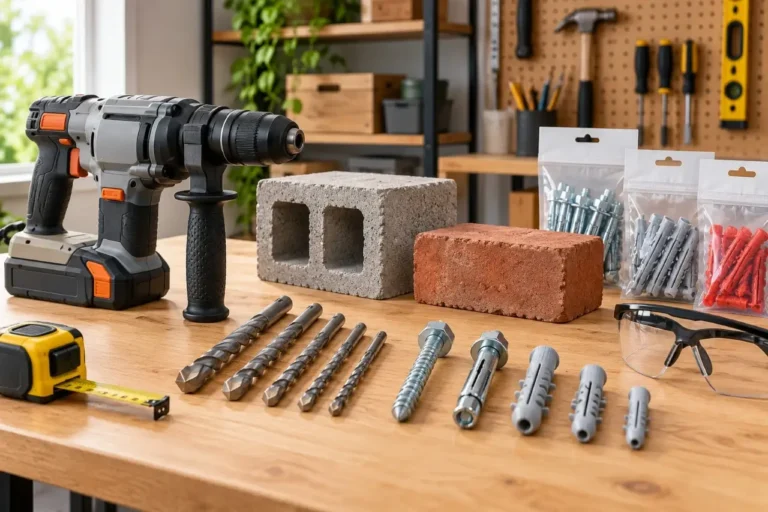 Masonry anchors, drill bits, and concrete samples arranged for DIY wall fastening preparation