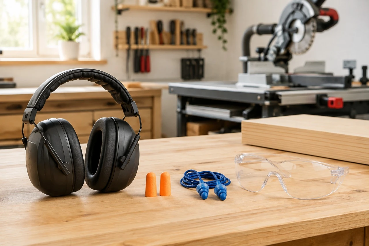 Earmuffs and earplugs arranged with safety glasses in a clean home woodworking workshop.