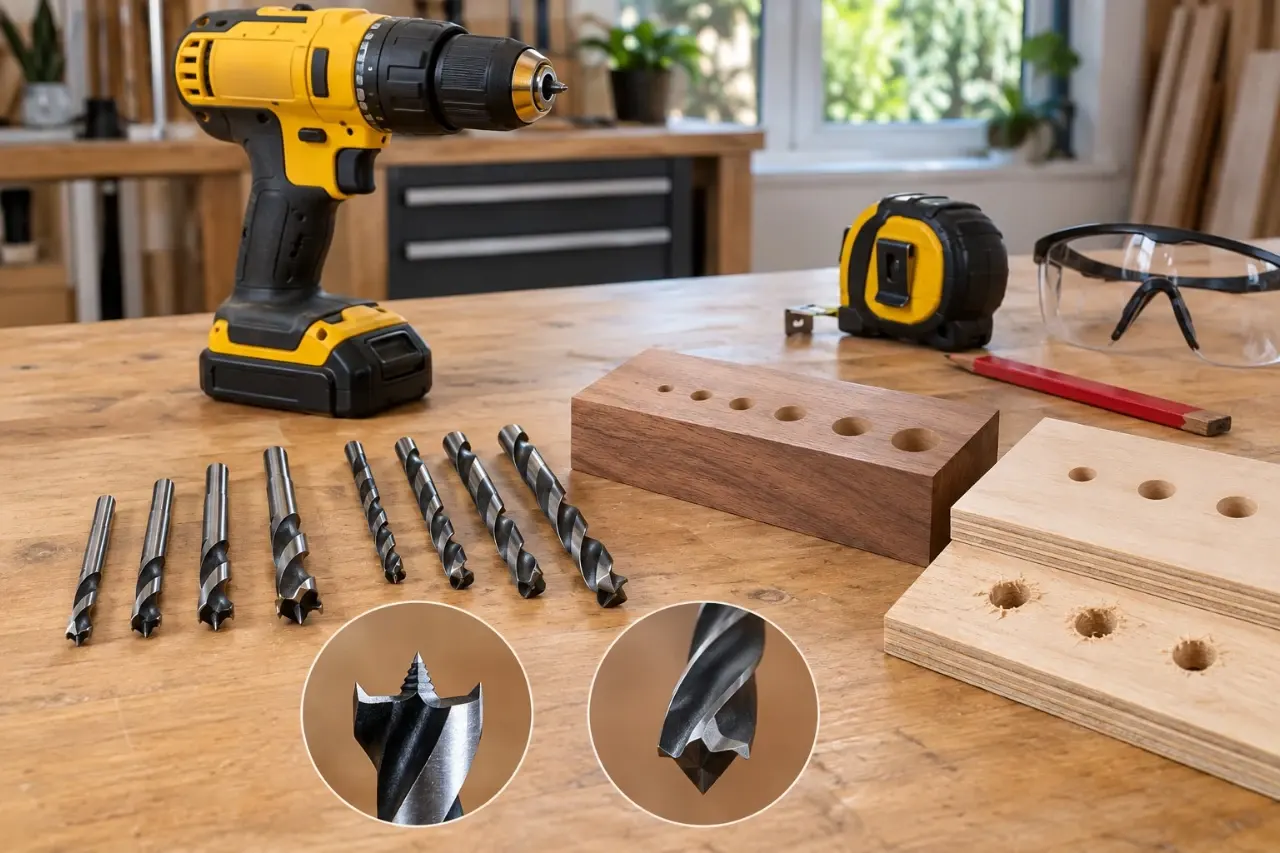 Brad point and twist drill bits compared on a woodworking bench for clean wood drilling