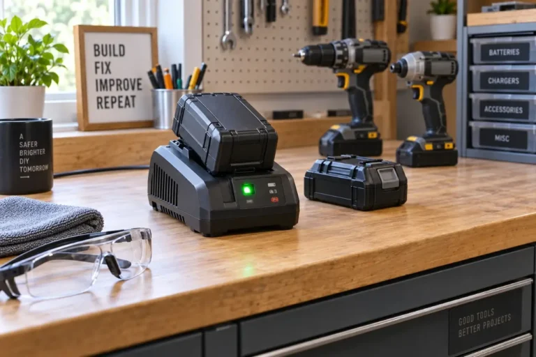 Cordless tool battery charger with blinking status light in a clean DIY workshop