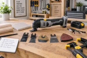 Oscillating multi-tool accessories arranged for safe DIY cutting and sanding preparation