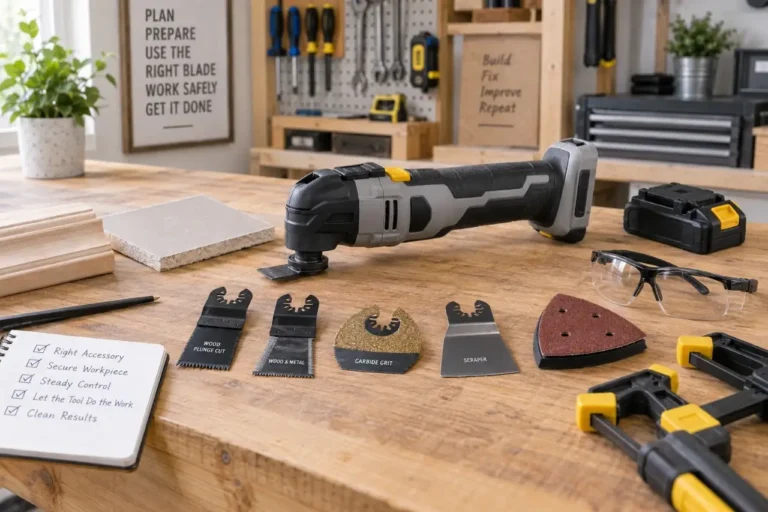 Oscillating multi-tool accessories arranged for safe DIY cutting and sanding preparation