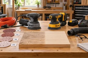 Corded and cordless sanders compared on a DIY workshop bench with sanding accessories and dust control setup