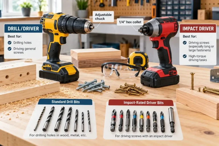 Drill and impact driver comparison showing different tool designs and accessories in a DIY workshop