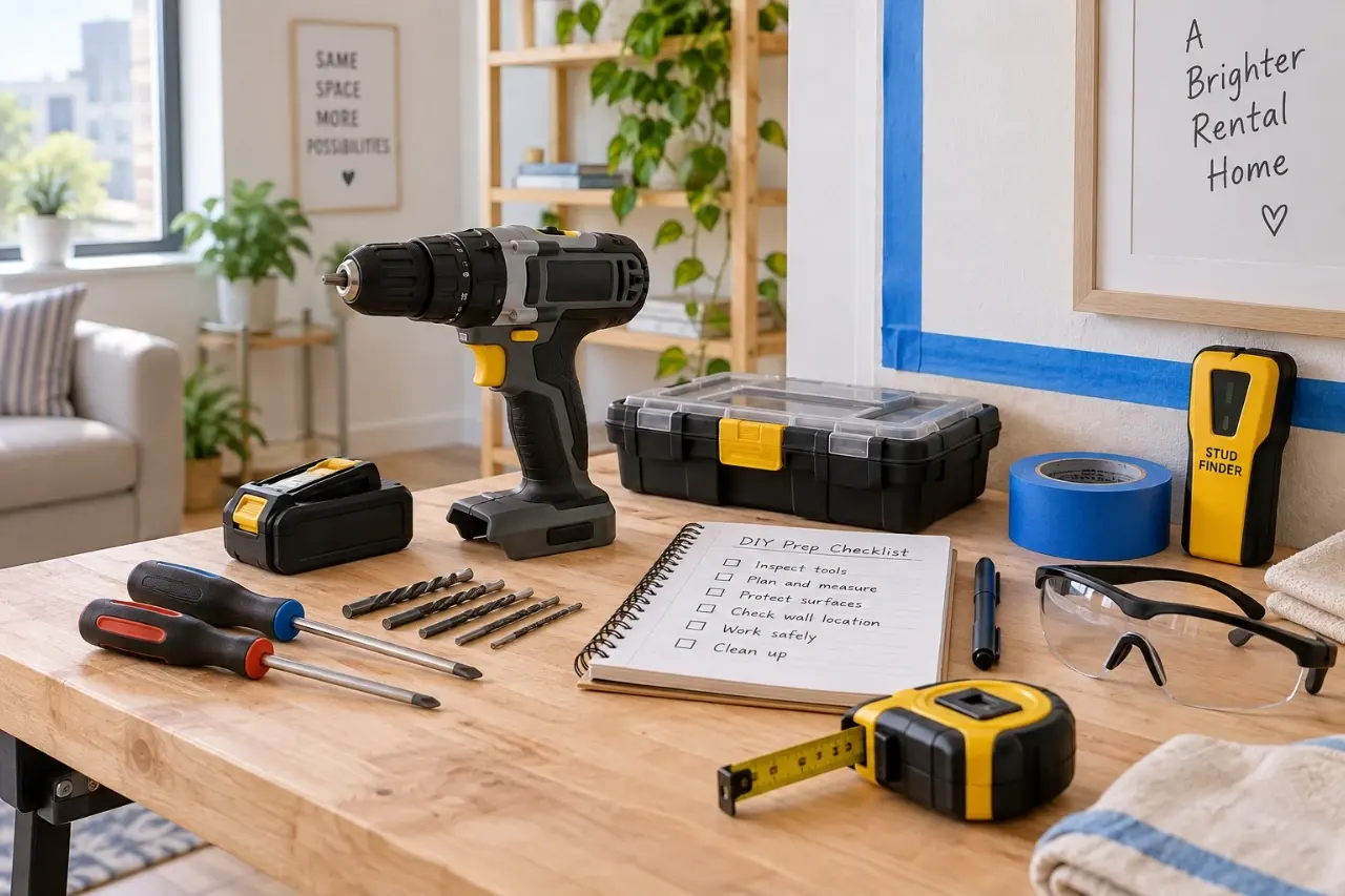 Renter checking power tools and preparing a safe DIY project in an apartment workshop