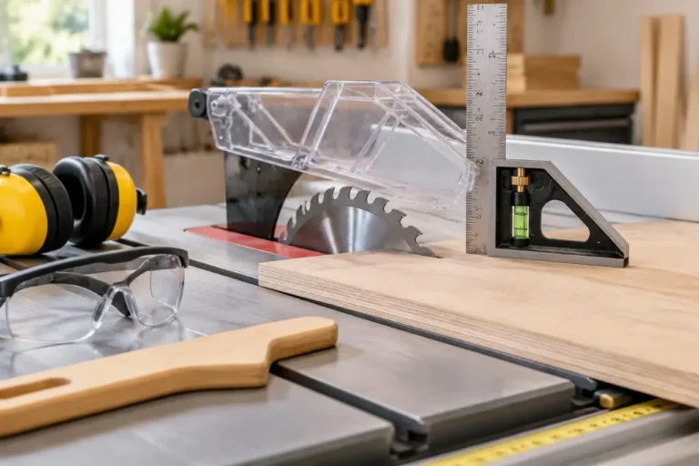 Table saw blade set slightly above plywood with guard and safety equipment in a DIY workshop