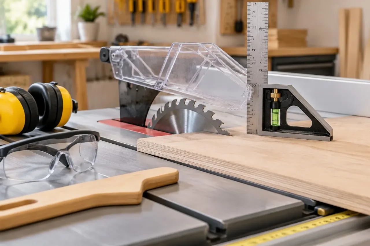 Table saw blade set slightly above plywood with guard and safety equipment in a DIY workshop