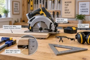 Circular saw with adjusted blade depth beside plywood sample and measuring tools in a DIY workshop