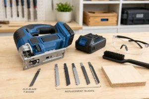 Cordless jigsaw with battery removed beside T-shank replacement blades and safety glasses on a workshop bench.