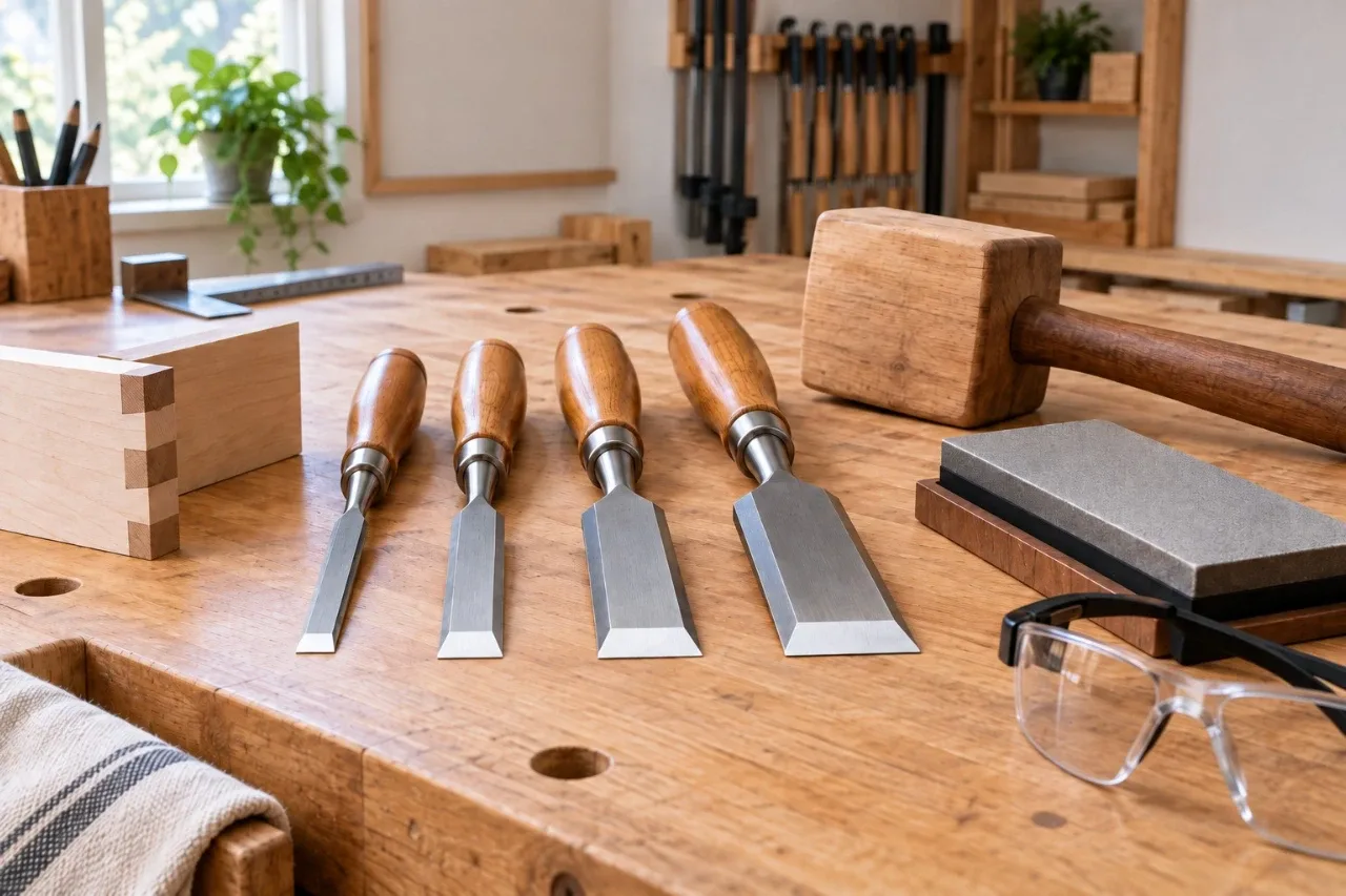 Wood chisel set with different blade widths arranged on a home workshop bench beside sharpening tools and woodworking samples