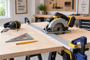 Circular saw with straight edge guide and supported plywood setup for making accurate DIY cuts