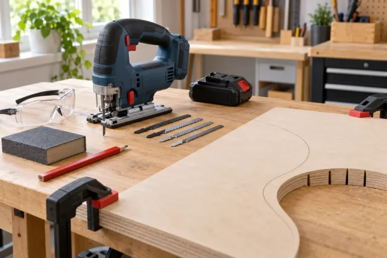 Cordless jigsaw setup with curved cut layout line, scrolling blades, clamps, and safety equipment in a DIY workshop