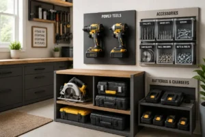 Organized home workshop with wall-mounted cordless tools, labeled accessory bins, low tool storage, and a separate battery area.