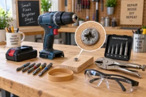 Tools and accessories arranged for safely removing stripped screws in a DIY workshop