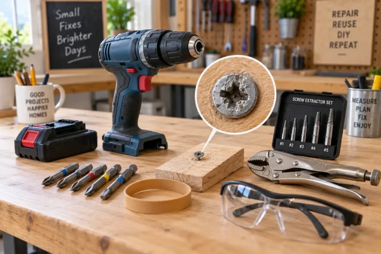 Tools and accessories arranged for safely removing stripped screws in a DIY workshop