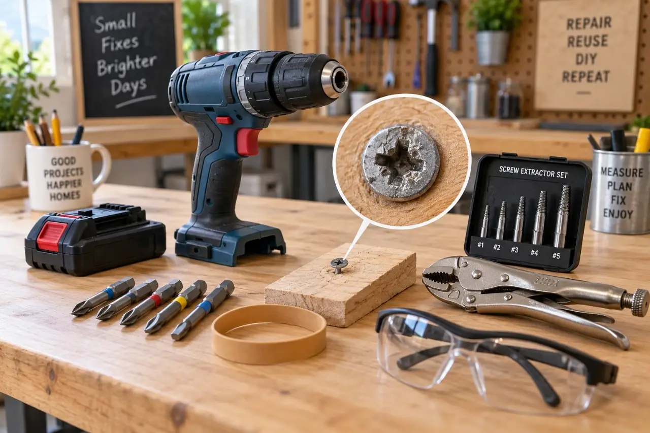 Tools and accessories arranged for safely removing stripped screws in a DIY workshop