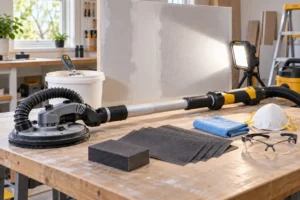 Drywall sanding tools and safety equipment arranged for smooth wall finishing preparation
