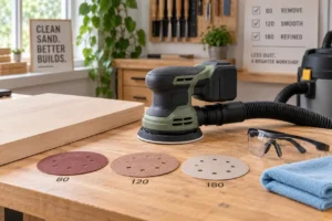 Random orbit sander with sanding discs and dust extraction setup for preventing swirl marks on wood