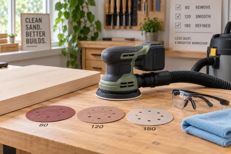 Random orbit sander with sanding discs and dust extraction setup for preventing swirl marks on wood