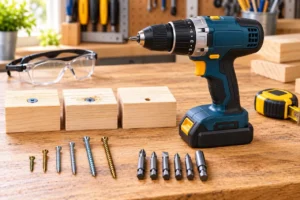 cordless drill with adjustable clutch settings and screw fastening examples on a DIY workshop bench