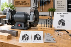 HSS twist drill bits beside a bench grinder with safety glasses and a drill-bit gauge on a clean workshop bench.