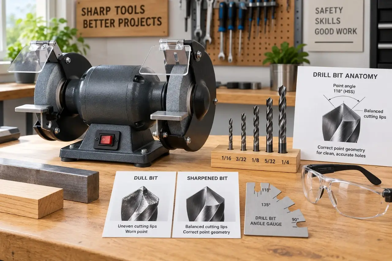 HSS twist drill bits beside a bench grinder with safety glasses and a drill-bit gauge on a clean workshop bench.