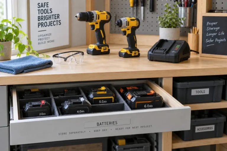 Cordless tool batteries stored safely in an organized home workshop battery storage area