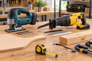 Jigsaw and reciprocating saw comparison showing different blades and DIY cutting applications
