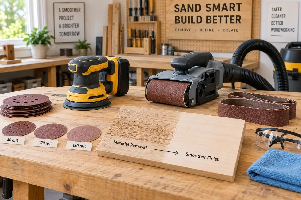 Orbital sander and belt sander comparison setup on a DIY workshop bench
