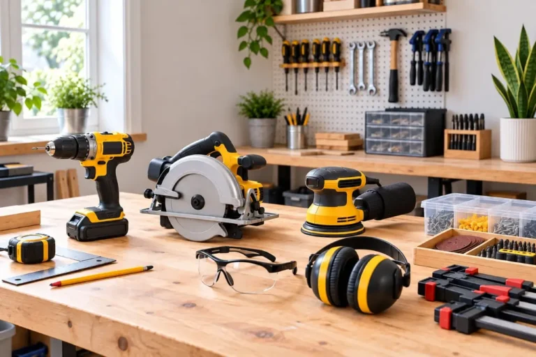 Power tools and safety equipment organized in a clean home workshop