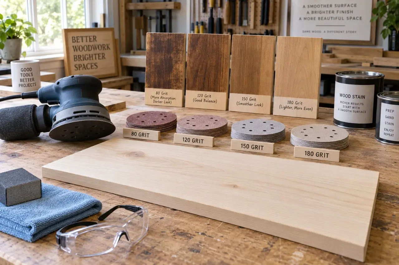 Sandpaper grits arranged beside unfinished wood and stain samples in a DIY workshop