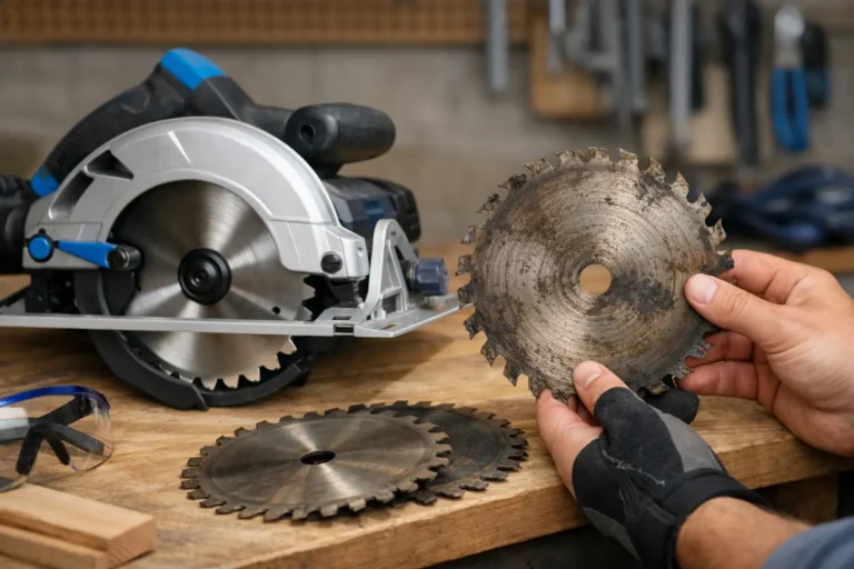 Circular saw with battery removed beside used and replacement saw blades on a clean workshop bench.