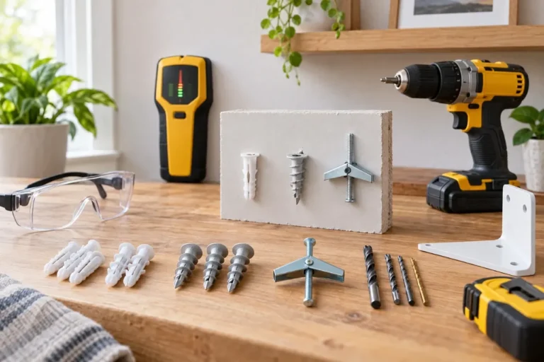 Drywall anchors, toggle bolts, stud finder, and drill arranged for comparing drywall anchor weight limits
